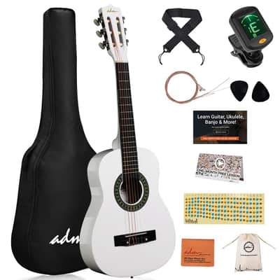 ADM Beginner Acoustic Classical Guitar Nylon Strings Wooden Guitar Bundle Kit for Kid Boy Girl Student Youth Guitarra Online Lessons with Gig Bag, Strap, Tuner, Picks (30 Inch, White) image 1