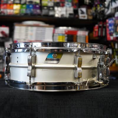 1970s Ludwig USA Acrolite 5x14" Aluminum Snare Drum w/ Blue & Olive Badge image 1