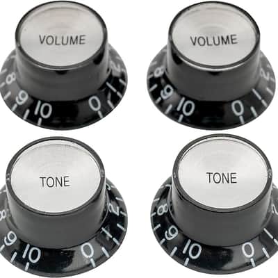 Pro Metric Size 18 Spline Top Hat Bell Reflector 2 Volume 2 Tone Knobs Set for Epiphone Les Paul SG Electric Guitar Asia Import Guitar Bass Split Shaft Pots, Black with Silver Top image 1