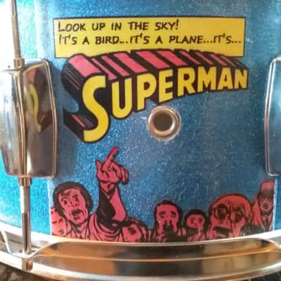Pearl Export custom Assaulted Battery two color Superman themed graphics over a blue sparkle wrap. image 5