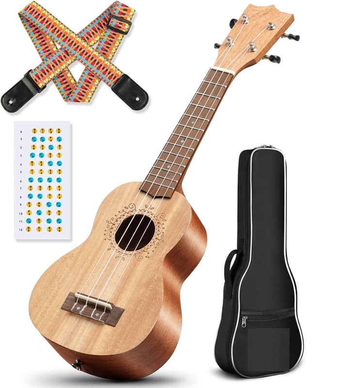 21 Inch Ukulele Mahogany Beginner Kit Soprano Ukelele with Gig Bag Rainbow Strap Fretboard Stickers for Both Adults and Kids image 1