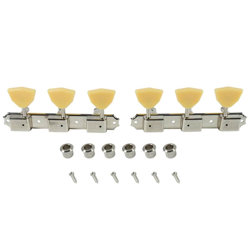 Kluson 3 On A Plate Deluxe Series Tuning Machines - Single Line - Standard Post - Nickel With Butterfly Plastic Buttons image 1