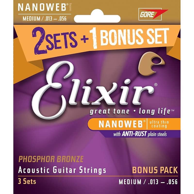 Elixir Limited Edition 3-Pack 16102 Phosphor Bronze NANOWEB Acoustic Guitar Strings Medium 13-56 image 1
