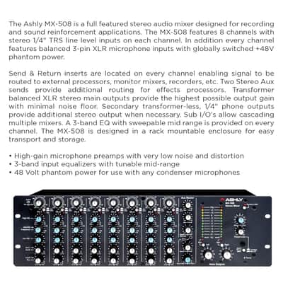 Ashly MX-508 3RU Rack-mountable 8-input Balanced Stereo Microphone Mixer w/ 3-band Sweep EQ & AUX Sends image 8