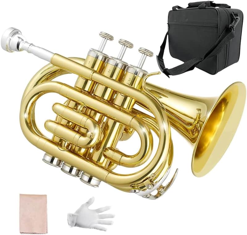 Bb Flat Pocket Trumpet Bass Trumpet For Beginner,Student With Cleaning cloth, Silver plated 7C mouthpiece,hard case White gloves (Gold) image 1