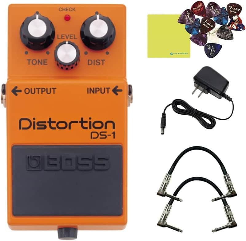 Boss DS-1 Distortion Pedal Bundle with 2x Strukture S6P48 Woven Right Angle Patch Cables, 12x Fender Guitar Picks, 9V Power Adapter and Liquid Audio Instrument Polishing Cloth image 1