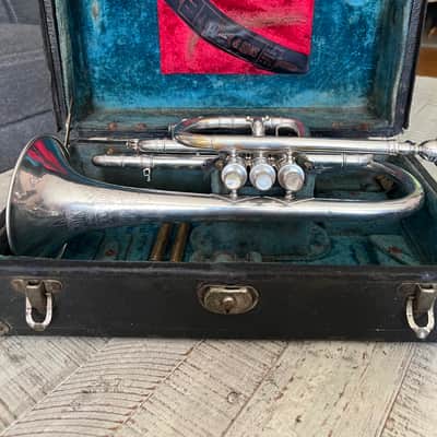 J.W. York & Sons “New Model Monarch” Cornet — c. 1908 — Silver Plate — Serial #18143 — Original Case, Mouthpiece & Maker’s Sash image 1