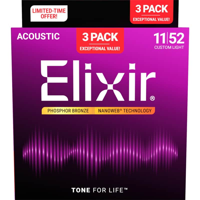 Elixir 16544X Phosphor Bronze NANOWEB Acoustic Guitar Strings 3-Pack - Custom Light (11-52) image 1