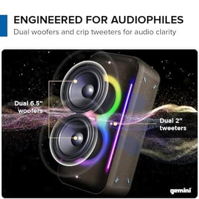 Gemini Sound UltraRave Duo - 400W Peak Power, Bluetooth Party Speaker with TWS Linking, FM Radio, LED Party Lighting FX, X Drive Bass Boost, Includes Wireless Mic & Remote, 10hr Play Time image 3