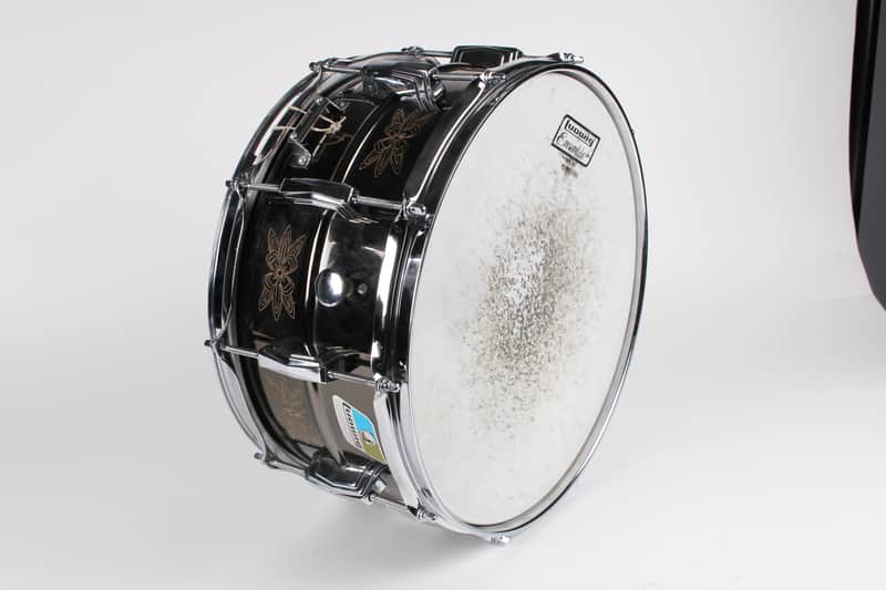 Ludwig No. 451 Engraved Black Beauty 6.5x14" Brass Snare Drum with Rounded Blue/Olive Badge 1979 - 1980 image 5