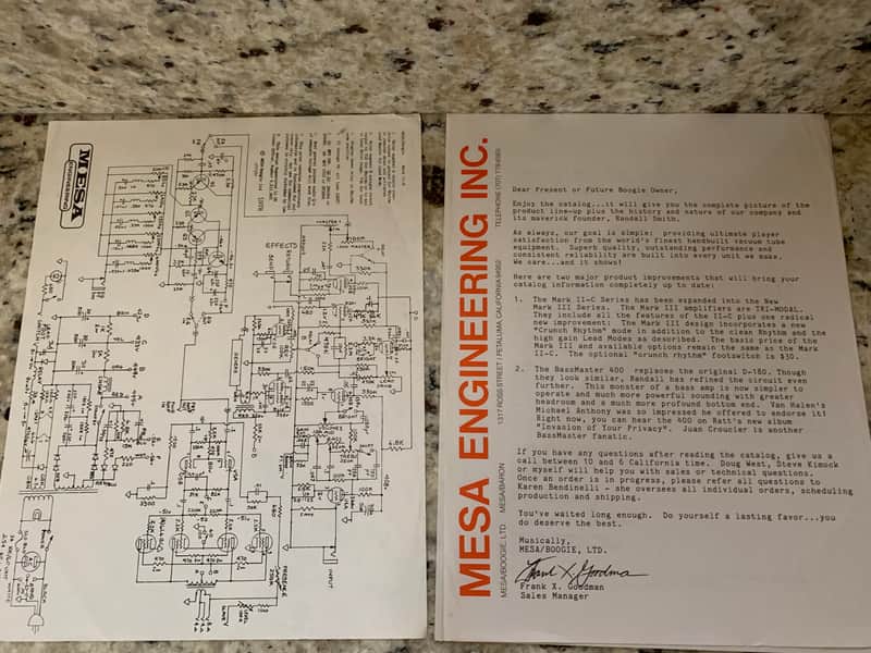 Mesa Boogie Mk II-B Schematic and Letter to Dealer 80’s image 1