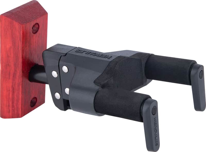 Hercules Stands GSP38WBR PLUS Short Arm Wood Base Wall Mount Guitar Hanger with Auto Grip - Red image 1
