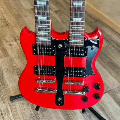 BadAax Double-Neck SG Electric Guitar w/ Gig Bag - Red image 2