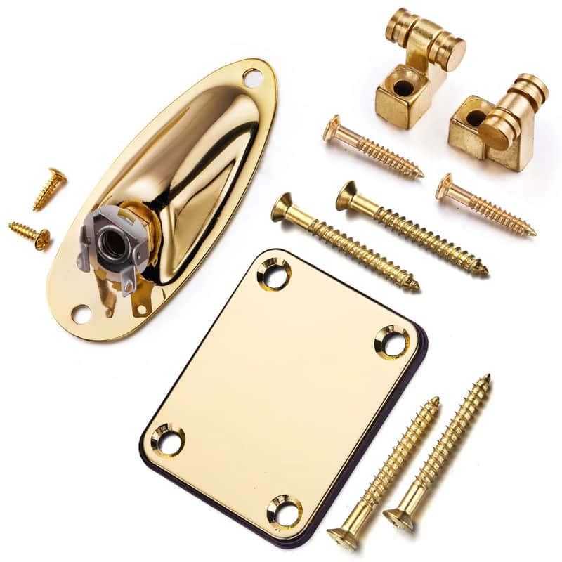 1 Set Gold Strat Style Guitar Jack Plate, String Trees with Neck Plate image 1