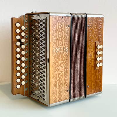 1940 Hohner A/D Button Accordion Natural Blonde Rare Vintage Embossed/Engraved Wood Design Concertina image 1