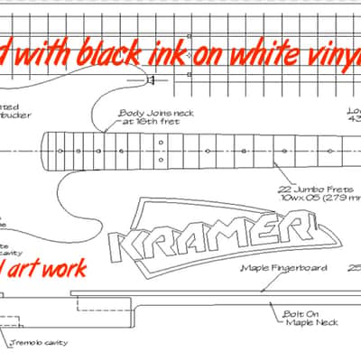 Kramer Baretta guitar blueprint/technical drawing. 22"x46" white or silver ogold ink on black vinyl image 7
