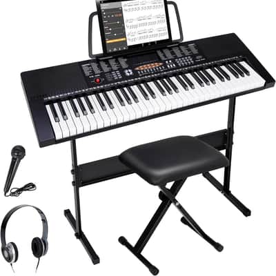 61-Key Portable Digital Keyboard Piano Kit w/ Stand, Stool, Headphones & Mic – Beginner Bundle image 1