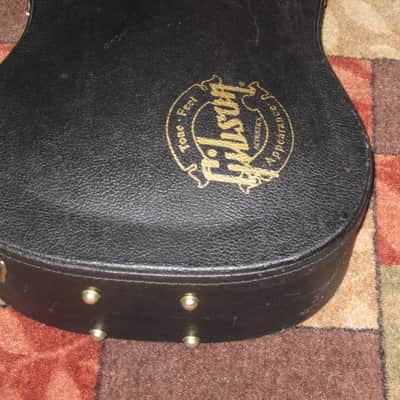 used genuine Gibson Dreadnought Hardshell Case from 2000s - Black Tolex Exterior, Wood Construction, Blue Plush Padded Interior, Gold Colored Hardware, lid has Gibson Acoustic Logo, fits square / round shoulder & cutaway dreadnought (NO guitar included) image 9