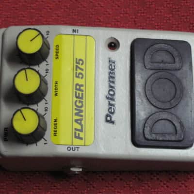 used vintage (1981) DOD 575 Flanger (ANALOG Flanger) Performer Series, MISSING battery cover (tannish gray casing with yellow graphic / yellow knob tops) + battery, strings, extra battery clips, & extra foam (NO box, NO paperwork, NO adaptor) image 2