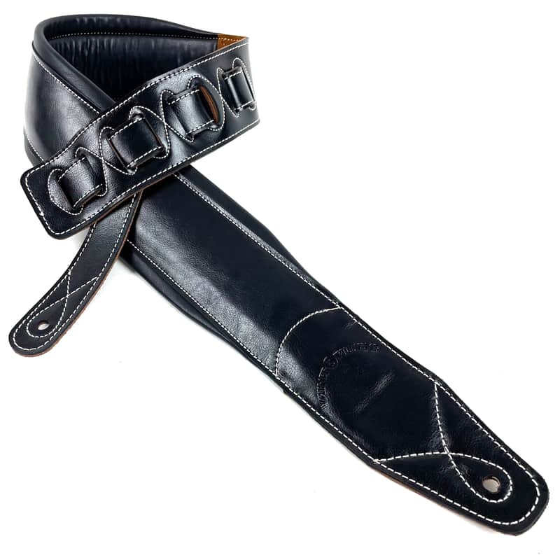 Walker and Williams C-22 Premium Black Signature Grain Leather 3" Wide Double Padded Guitar Strap For Acoustic, Electric, And Bass Guitars image 1