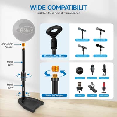 Desktop Mic Stand, Adjustable Microphone Stand Desk with Upgrade Microphone Clip Max Clamping Range 60mm,Pop Filter,Cell Phone Clip,3/8"to 5/8" Metal Adapter for Blue Yeti Snowball & Other Mic image 3