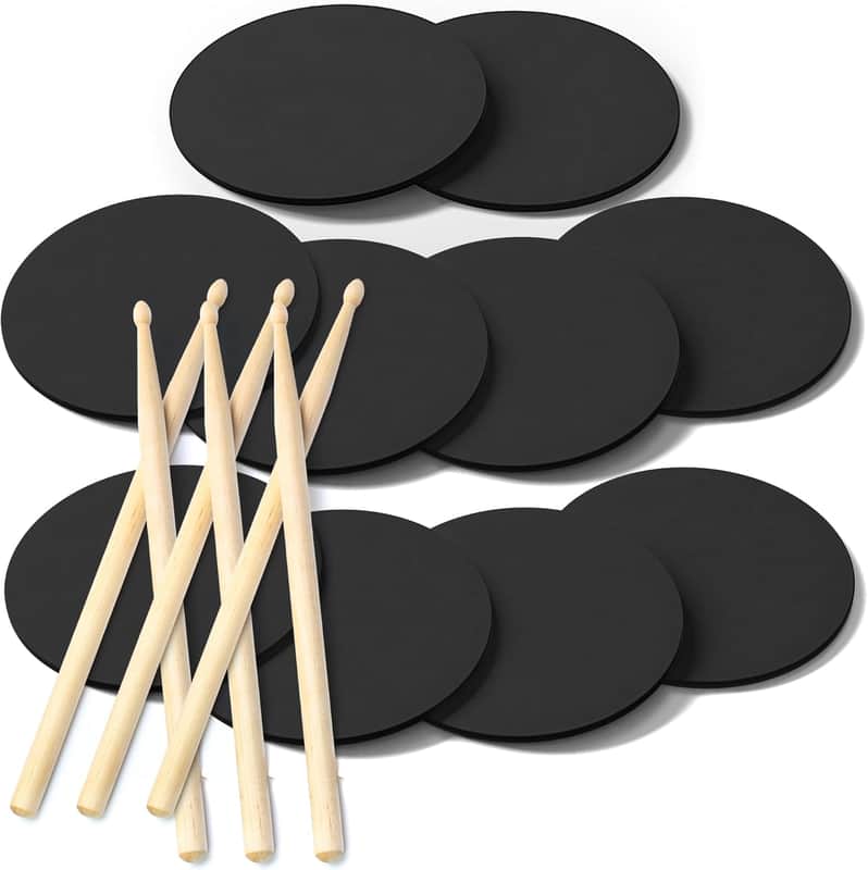 10 Drum Practice Pads + 6 Drum Sticks - Portable for Snare, Drum Kits - Non Slip for Stability - 11 Inch Round x 3/8 Inch Thick (10 Drum Pads + 6 Drum Sticks) image 1