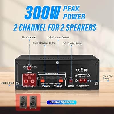 Stereo Audio Amplifier, 300W Home 2 Channel Wireless Bluetooth 5.0 Power Amplifier System, Home Amplifiers FM Radio, USB, SD Card, with Remote Control Home Theater Audio Stereo System image 3