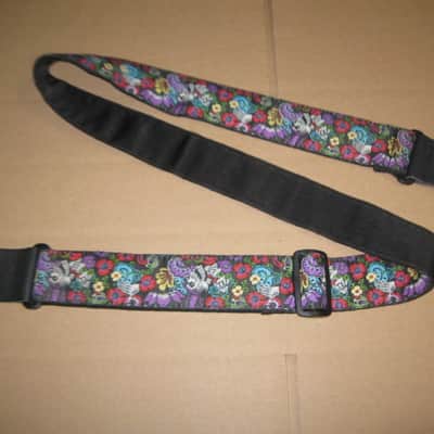 lightly used Perri's 2" Floral Skulls Jacquard Guitar Strap, TWS-7274, Floral Skulls High Quality Jacquard Ribbon Sewn on Tubular Webbing with Leather Ends, Adjustable length 39" to 58" (from early 2020s) image 5