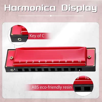 10 Hole C Key Diatonic Blues Harmonica, Brass Reed Metal Mouth Organ Red image 2