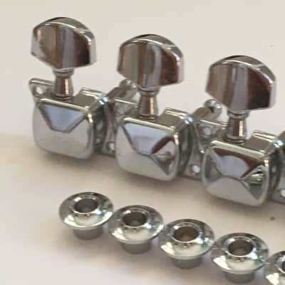 6 Complete Vintage Inline Electric Guitar Mounted Casing Gear Tuners + Bushings image 7