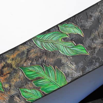 Burny Black Handmade Leather Guitar Strap: Black Panther_Carved & Painted, Custom Initials 2026(made to order) - oil image 12