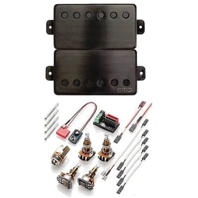 EMG JH SET JAMES HETFIELD BRUSHED BLACK CHROME HUMBUCKER SET STANDARD SPACED LONG POTS & WIRING image 1