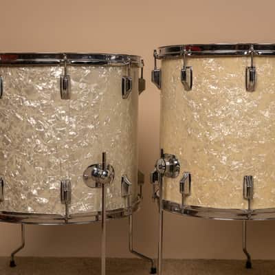 Vintage Rogers White Marine Pearl Drum Set 14x24 9x13 16x16 and 16x18 image 3
