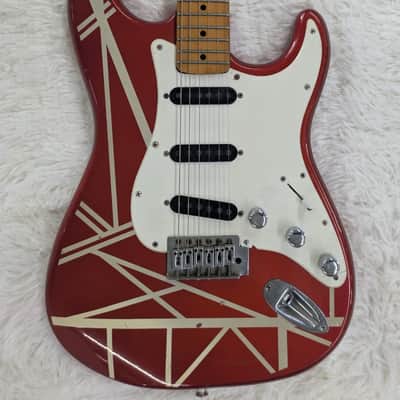 Olympic Strat-Style Electric Guitar Red & White EVH-Inspired Stripes – Used image 2