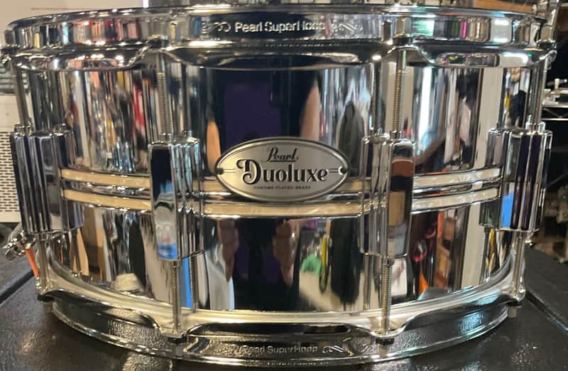 Pearl DUX1465BR Duoluxe 14x6.5" Chrome Over Brass Snare Drum 2021 - Present - Nicotine White Marine Pearl Inlay image 1