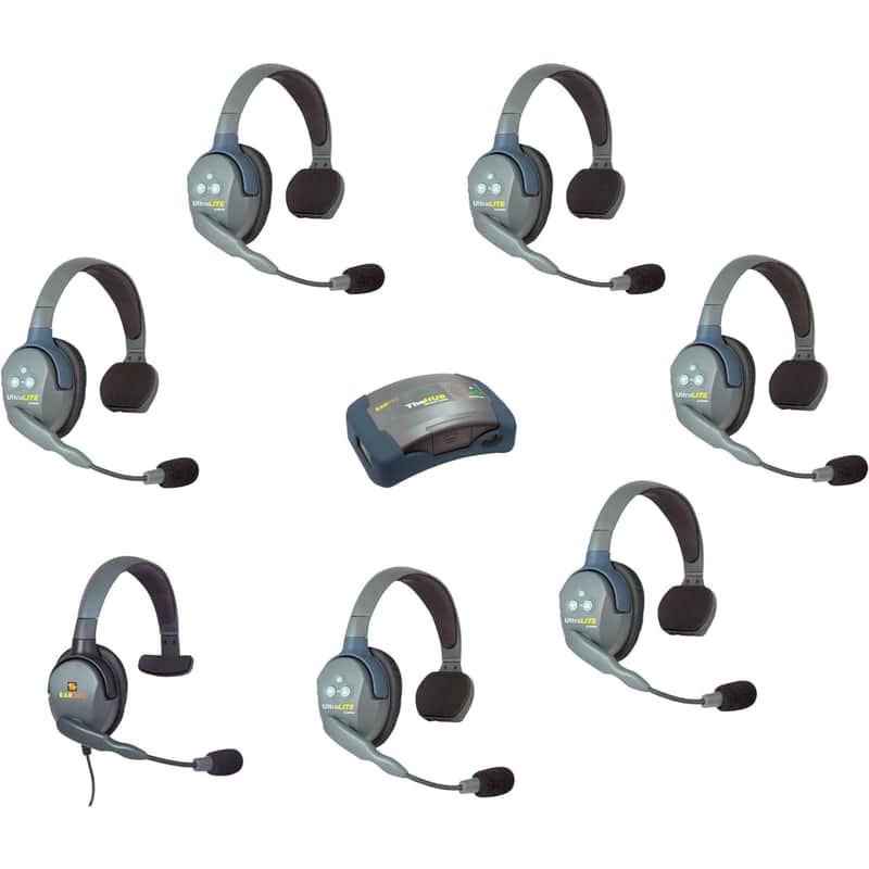 Eartec HUB7SMXS 7 Person System with 6 Single Wireless Communication Headsets, 1 Max 4G Single Headset and 1 HUB Mini Base Transceiver image 1