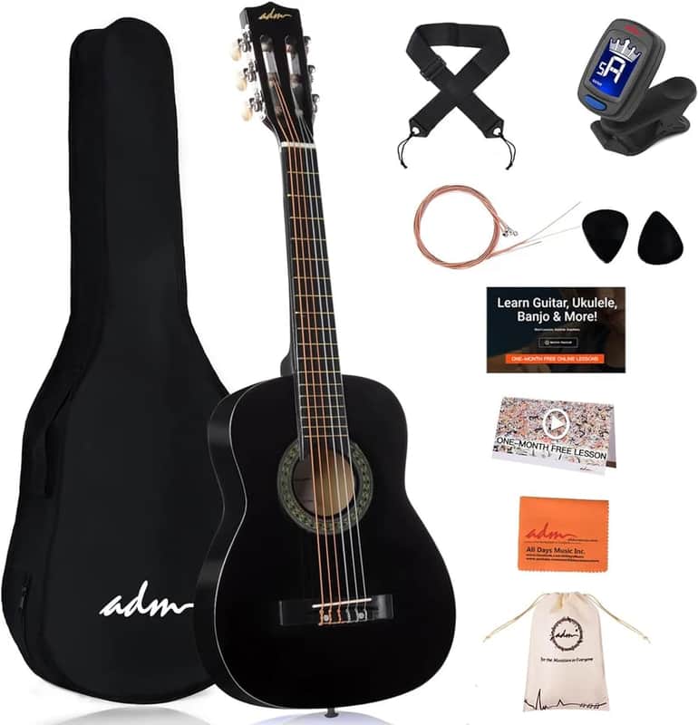 ADM Beginner Acoustic Classical Guitar 30 Inch Nylon Strings Wooden Guitar Bundle Kit for Kid Boy Girl Student Youth Guitarra Online Lessons with Gig Bag, Strap, Tuner, Extra Strings, Picks,Black image 1