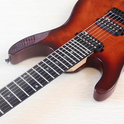 Custom Left Handed 7 String Electric Guitar, Burl Wood Top Body, Maple Neck image 3
