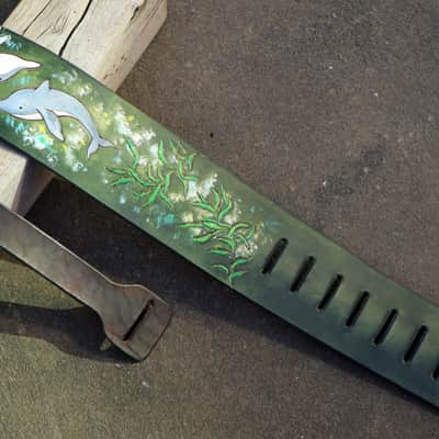 Burny Black Wide Guitar Strap 3.5" - dreaming girl green/brown made to order - oil image 4