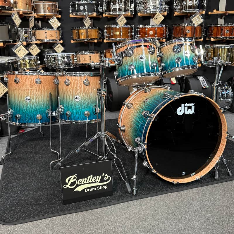 ~WOW!~ DW Collector's Series 333 Pure Maple 5-Piece 10/12/14/16/22 Drum Kit Set in Malibu Fade over Exotic Super Quilted Maple w/ Chrome Hardware image 1