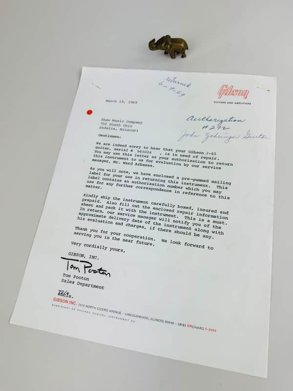 Gibson Factory Service Authorization Letter 1969 image 1