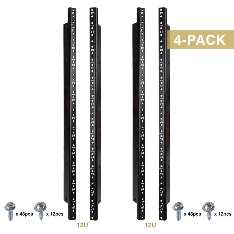 ST-RR-12U / ST-RR-12UX2 | 12U Steel Rack Rails, with Black Powder Coated Finish and Screws, 2-Pack or 4-Pack-ST-RR-12UX2 (4-Pack) image 1