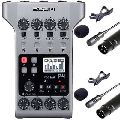 Zoom PodTrak P4 Portable Multitrack Podcast Recorder + 2x Vidpro Professional Wired XLR Lavalier Microphone XM-L2 for Pro Audio Equipment with XLR Input image 1