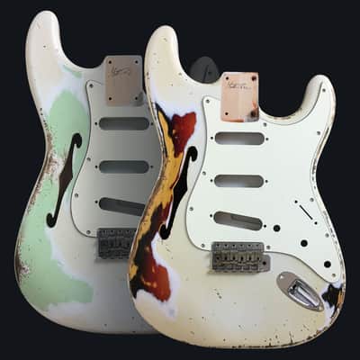 Made to Order - FRANCHIN Mercury F guitar body Relic Aged 100% Nitro Lacquer COLOR OVER COLOR (Sunburst/ Black/ White/ Blue/ Green/ Yellow/ Red/ Pink/ Burgundy/ Purple/ Gold/ Silver, etc.) Stratocaster-Strat-S-Style F-hole Thinline Made in Italy image 1