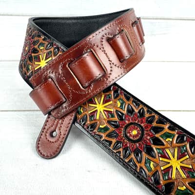 Walker And Williams WW-LIH-2 Hand Carved Premium Black And Brown Leather Strap With Gold Earth Zodiac Star Design image 7