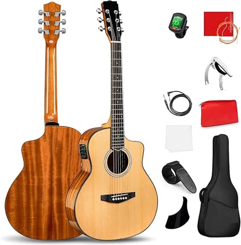 36-Inch Acoustic Electric Guitar Kit, 3/4 Size Cutaway Guitar Bundle with Gig Bag for Kids Beginners, Natural Top image 1