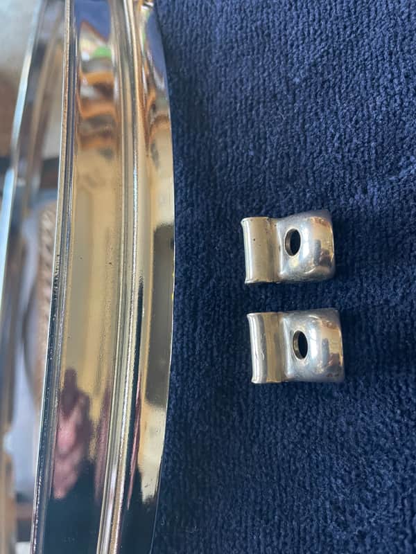 Slingerland Radio King Rim Clips (2) Nickel on Brass for Single Flange Rims on Snare Drum, Tom - VERY GOOD image 1