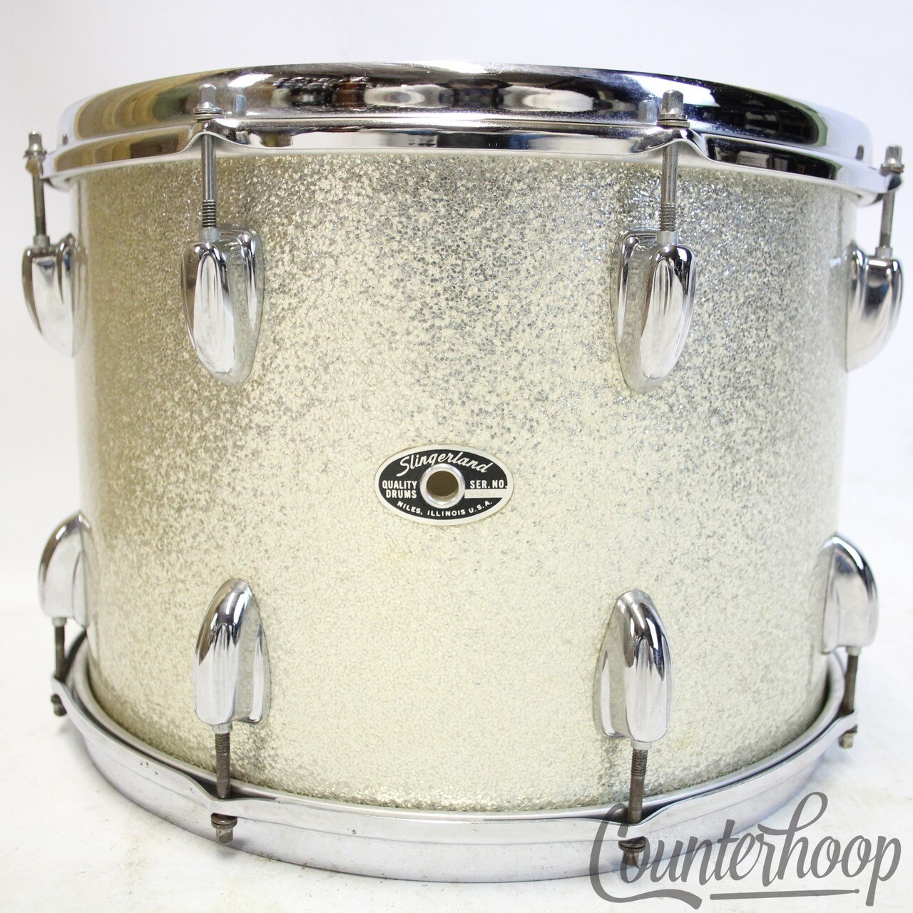 Slingerland 14x10" Silver Sparkle Tom Drum 70s Chrome Sound King Set-O-Matic USA — main photograph