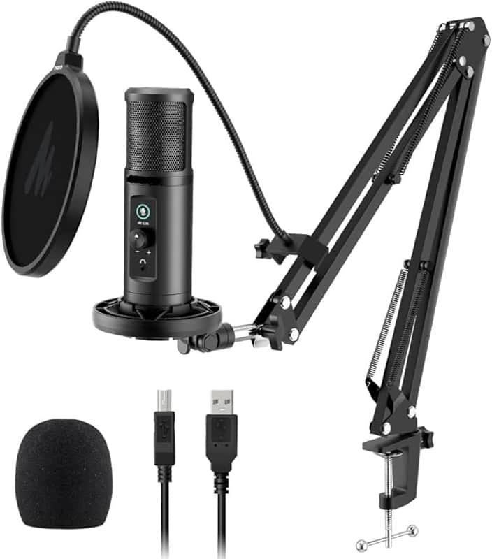 USB Microphone for PC, Professional Computer Condenser Mic with Mute, Mic Gain, Zero Latency Monitoring, Boom Arm for Studio, Podcast, Gaming, Streaming, Recording, Twitch image 1