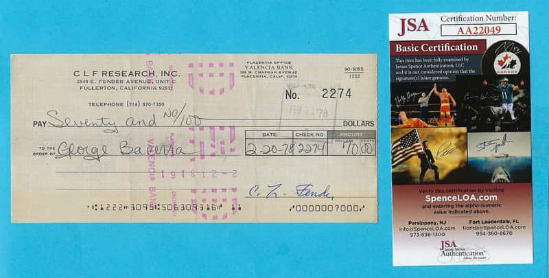 Leo Fender 1978 C.L.F. Research, Inc. Signed Business Check JSA Certificate of Authenticity RARE image 1